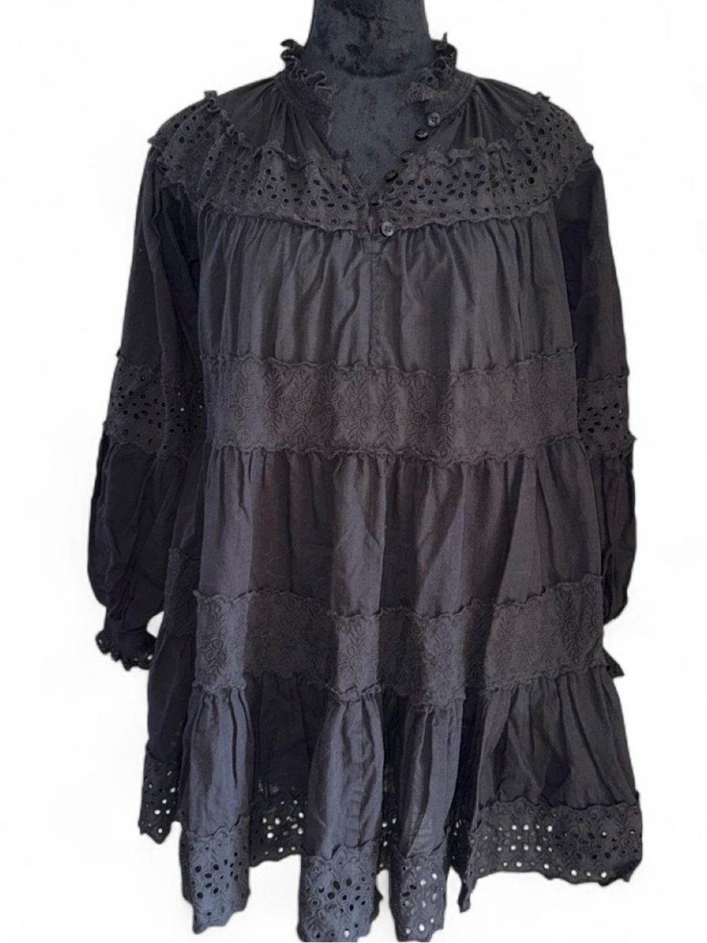 100% Cotton Anthropologie Black Eyelet Tiered Peasant Tunic